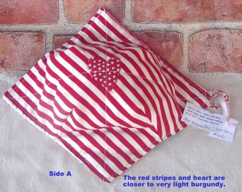 Large Bowl Cozy Cozie w/ hanging loop tab- HAND Appliqued- Reversible - Heart Red White Stripes Retro Aunt Grace Fabric Daisy - 100% Cottons