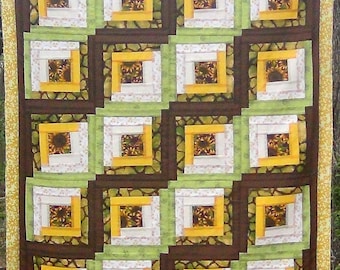 NEW Quilting Sewing Unfinished Log Cabin Quilt Top- Pieced Patchwork- Golden Brown SunFlowers in Summer Flowers Floral- Traditional Finished