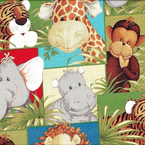 May include: A colorful patchwork fabric featuring various jungle animals, including a tiger, giraffe, monkey, elephant, hippopotamus, and lion. The fabric is perfect for crafting projects like quilts, pillows, and bags.