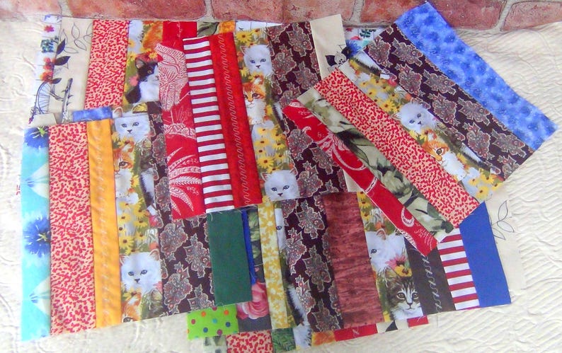 12 Embroidered LARGE Strip Pieced Scrap Crazy Country Quilt Blocks: Cats Kittens Center OR DOGS Pups Embroidery Finished Quilting Squares Cats