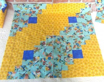 16 HUGE Big Already Pieced Large Handmade Log Cabin Quilt Top Blocks- MOTTLED BLUE Centers- Birds Floral Flower Patchwork- Finished Quilting
