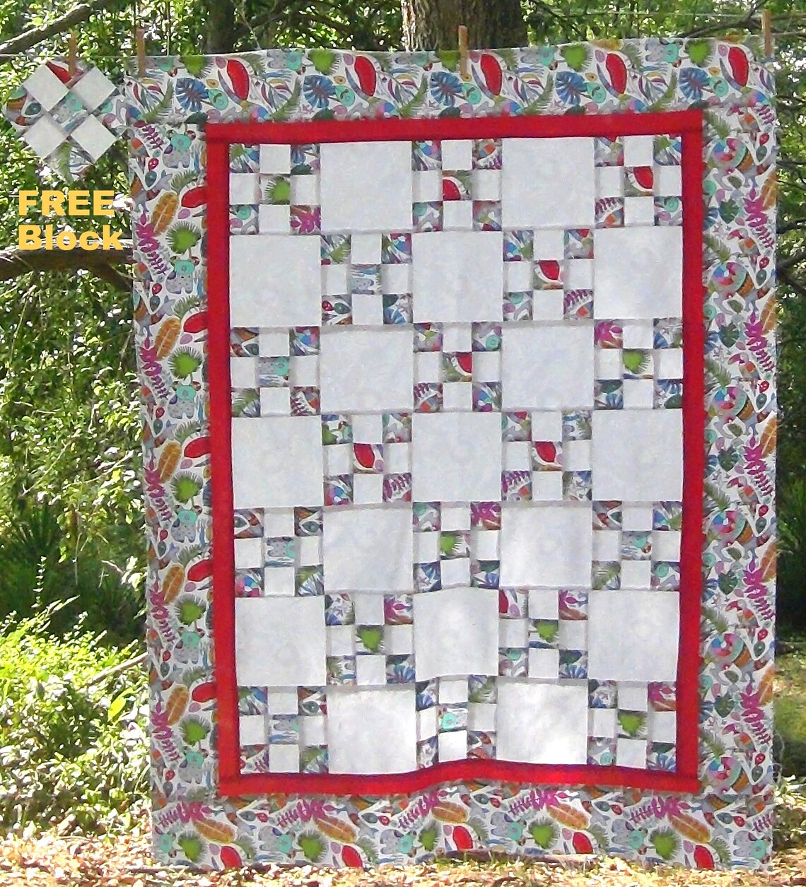 Already Pieced HandMade Unfinished Quilt Top Single Irish Chain-Patchwork Quilting Rooville Jungle Animal Bear Bird Flower Throw FREE Block image 1
