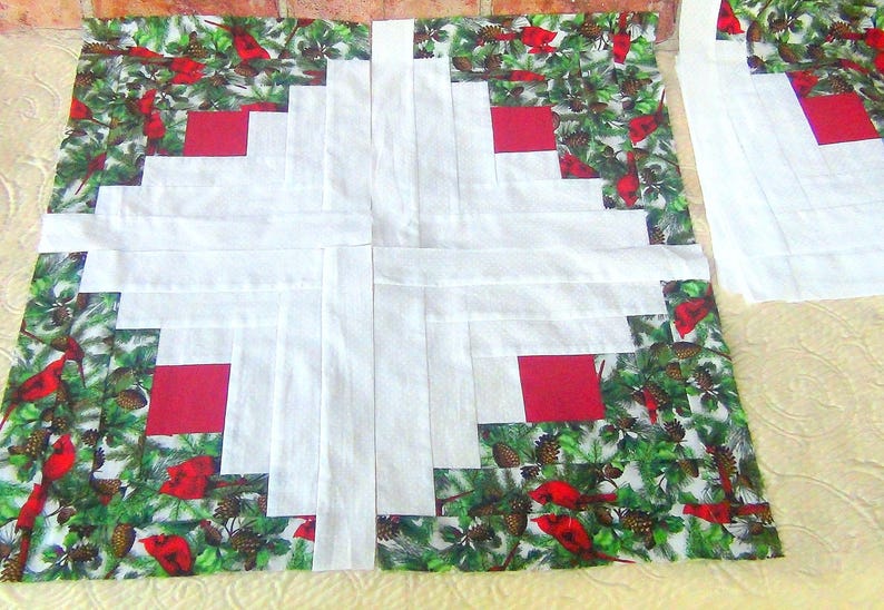 12 HUGE Already Pieced Handmade Log Cabin Quilt Top Blocks Red Bird Cardinal Xmas Snow Patchwork Red Centers Traditional Finished Quilting image 2