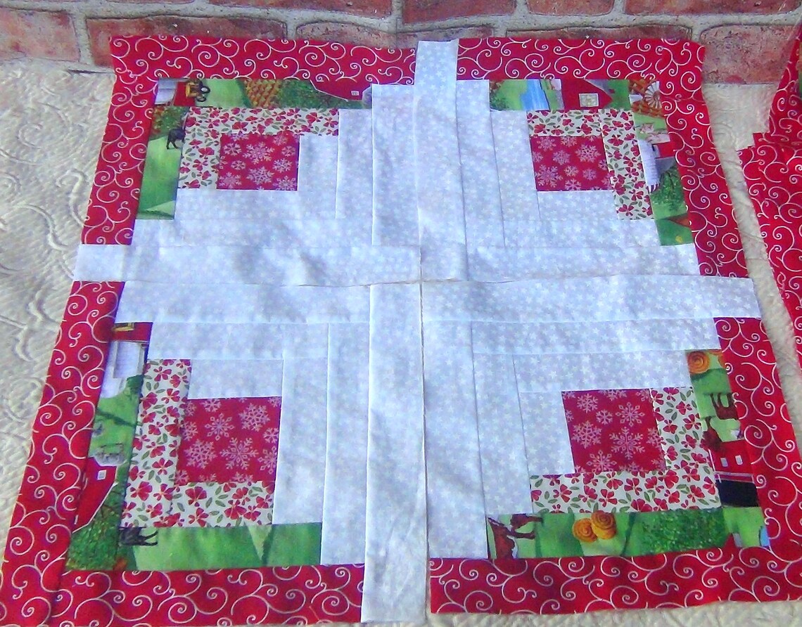 12 HUGE Already Pieced Handmade Log Cabin Quilt Top Blocks Stars Animals Xmas Patchwork Snowflakes Centers Traditional Finished Quilting image 3