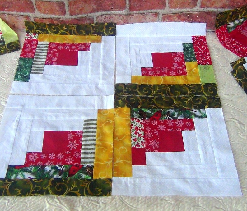 Christmas Holiday Jamboree 12 HUGE Already Pieced Handmade Log Cabin Quilt Blocks Xmas Redbird Cardinal Green Red White Snowflake Finished image 4