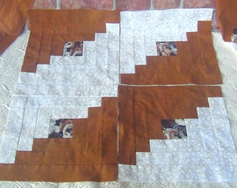 12 HUGE Big Already Pieced Large Handmade Log Cabin Quilt Top Blocks- Puppy Dogs in Autumn- Brown Cream White- Completed Finished Quilting