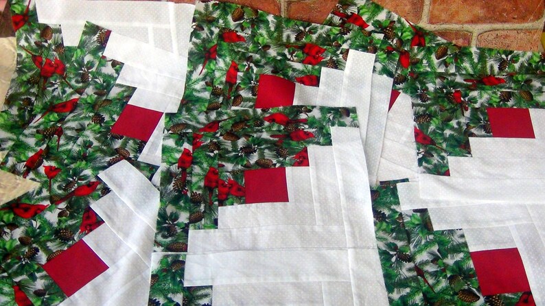 12 HUGE Already Pieced Handmade Log Cabin Quilt Top Blocks Red Bird Cardinal Xmas Snow Patchwork Red Centers Traditional Finished Quilting image 1