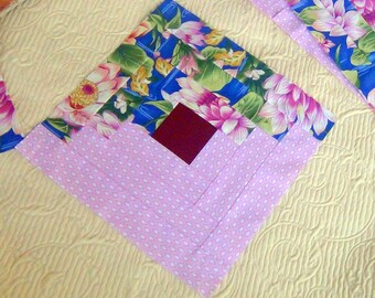 12 HUGE Already Pieced Unfinished Handmade Large Big Log Cabin Quilt Top Blocks- Spring and Summer Pink Diamond Blue Green Floral- Quilting