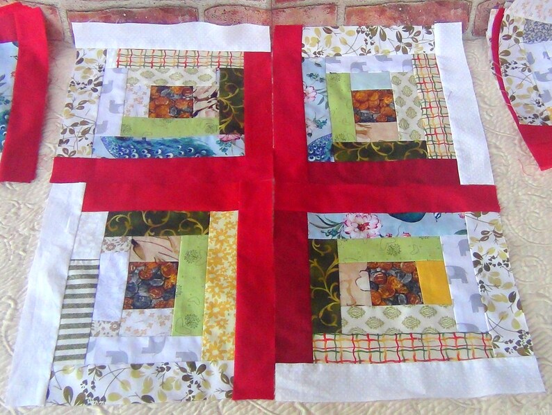 12 HUGE Already Pieced Handmade Log Cabin Quilt Top Blocks Country Scrappy Patchwork ANTIQUE Coins Centers Old Fashion Granny Sewing C image 2