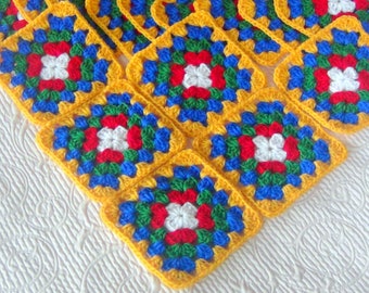 20 PRIMARY COLORS Crocheted Granny Squares- Yellow Red White Blue Green New Quality Yarn- Hand Crochet Afghan Squares- Individual Blocks USA