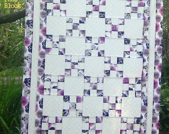 Quilting Already Pieced Traditional Unfinished- Irish Chain Quilt Top- Lap Throw Wall Crib- Purple Pansies in Rain FREE Quilt Block