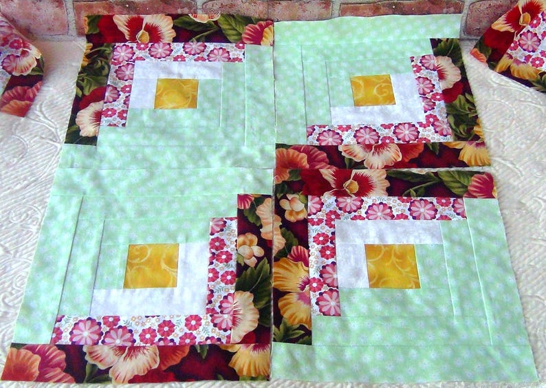 12 HUGE Already Pieced Unfinished Handmade Log Cabin Quilt Top Blocks Floral White Dandelions Mint Gold Dresden Plates Finished Quilting image 3