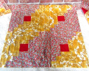 16 HUGE Big Already Pieced Handmade Log Cabin Quilt Top Blocks Large-Red Gold Summer Strawberries Floral Scroll Complete Patchwork- Quilting