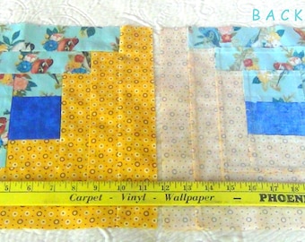 16 HUGE Big Already Pieced Large Handmade Log Cabin Quilt Top Blocks- MOTTLED BLUE Centers- Birds Floral Flower Patchwork- Finished Quilting