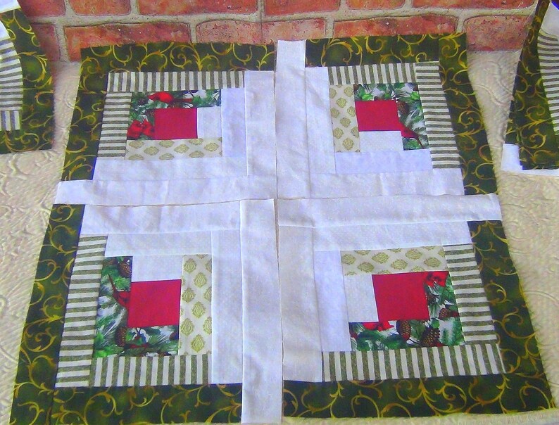12 HUGE Already Pieced Handmade Log Cabin Quilt Top Blocks Gold Scrolls Pinecone Red Bird Cardinal Stars Snow Red Center Finished Quilting image 1