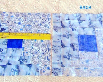 12 HUGE Already Pieced Unfinished Handmade Large Big Log Cabin Quilt Top Blocks- Mottle Blue White Dogs Puppies Flowers Hearts Leaf-Quilting