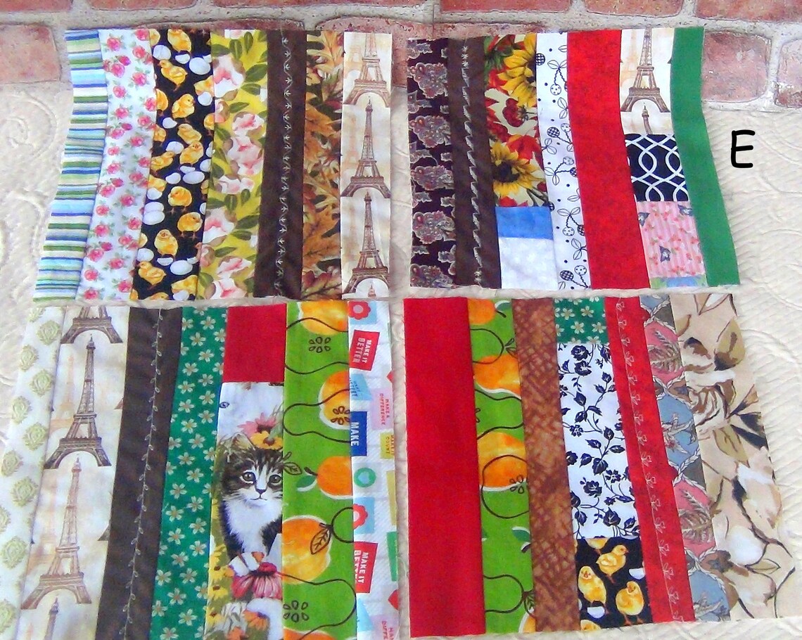 Scrap Crazy Country Quilt Blocks: Two Different Lots of 12 Embroidered LARGE Strip Pieced Projects Machine Embroidery Quilting Squares E F image 4