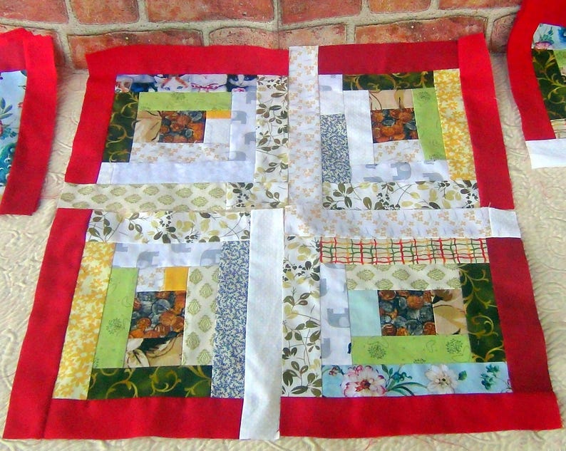 12 HUGE Already Pieced Handmade Log Cabin Quilt Top Blocks Country Scrappy Patchwork ANTIQUE Coins Centers Old Fashion Granny Sewing C image 4