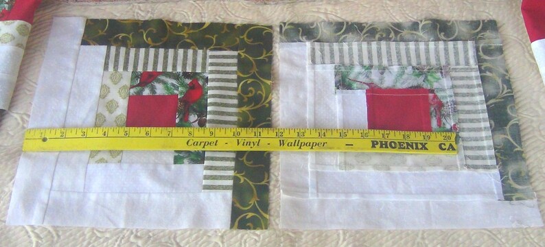 12 HUGE Already Pieced Handmade Log Cabin Quilt Top Blocks Gold Scrolls Pinecone Red Bird Cardinal Stars Snow Red Center Finished Quilting image 5