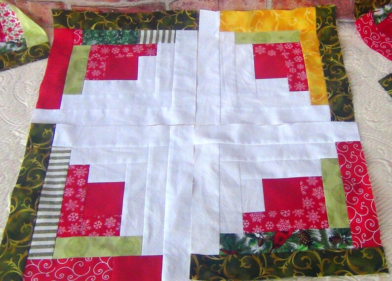 Christmas Holiday Jamboree 12 HUGE Already Pieced Handmade Log Cabin Quilt Blocks Xmas Redbird Cardinal Green Red White Snowflake Finished image 1