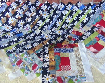 20 HUGE Big Already Pieced Handmade LARGE Log Cabin Quilt Top Blocks- RED Center Country Scrappy Patchwork Dandelion Star- Finished Quilting
