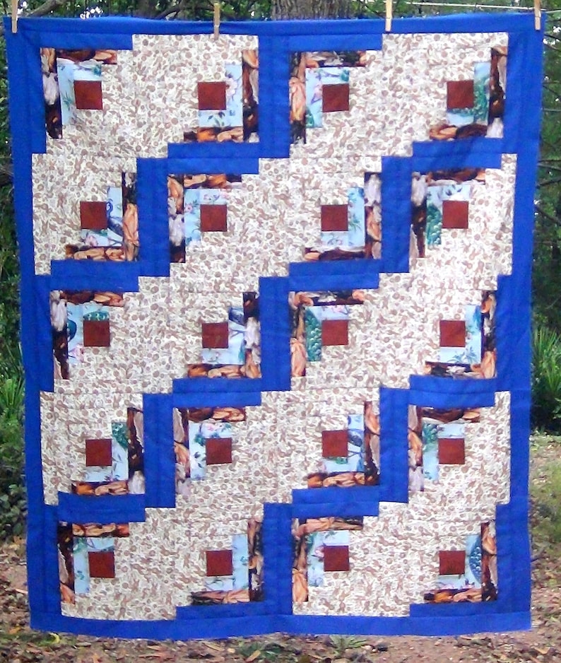 Unfinished Handmade Completed Already Pieced Made Log Cabin Quilt Top Horse Peacock Brown Blue White Flower Field Furrow-Finished Throw Lap image 1