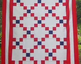 Quilting Sewing Single Irish Chain Quilt Top- Red White NAVY Blue STARS - America- Pieced Patchwork- Wall Throw Lap- Cotton Fourth 4th Day