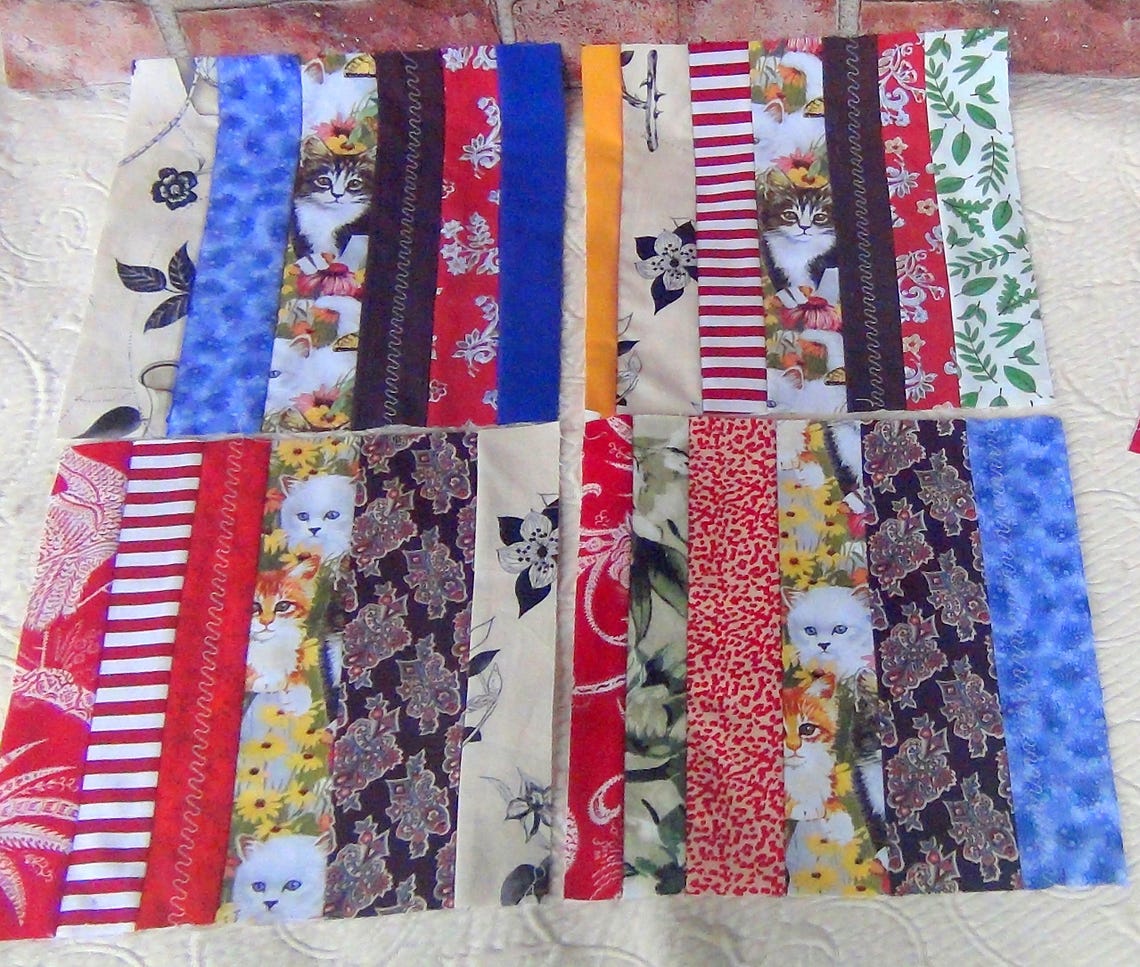 12 Embroidered LARGE Strip Pieced Scrap Crazy Country Quilt Blocks: Cats Kittens Center OR DOGS Pups Embroidery Finished Quilting Squares image 3