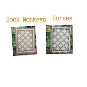May include: Two quilts, one with a sock monkey pattern and the other with a horse pattern. Both quilts are made with a white background and brown and beige fabric.