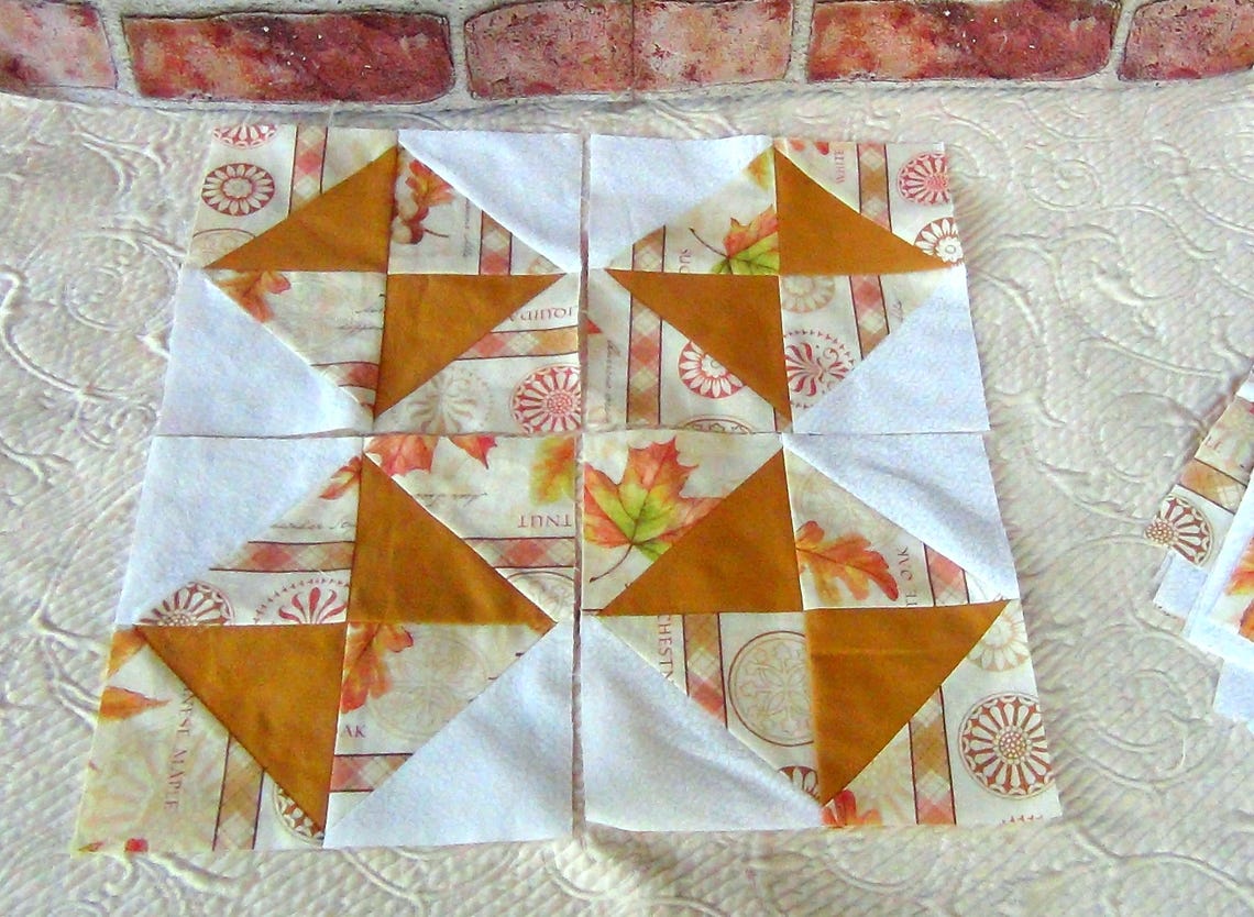 Already Pieced Made Lot of 16 Broken Dishes Quilt Top Blocks Maple Leaves Fall Autumn Patchwork Traditional Finished Unfinished Quilting image 1
