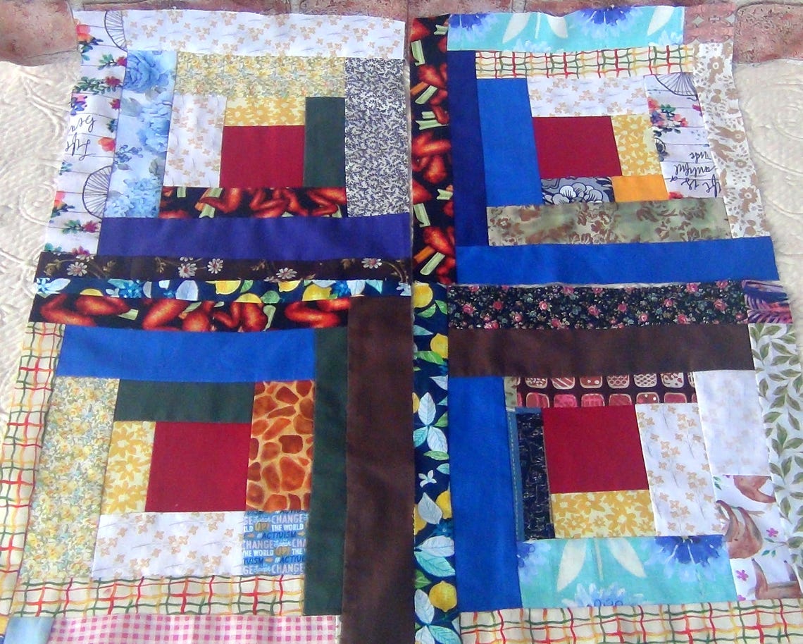 20 HUGE Already Pieced Handmade Log Cabin Quilt Top Blocks New WONKY Unique Scrappy Patchwork Red Centers Traditional Finished Quilting image 6