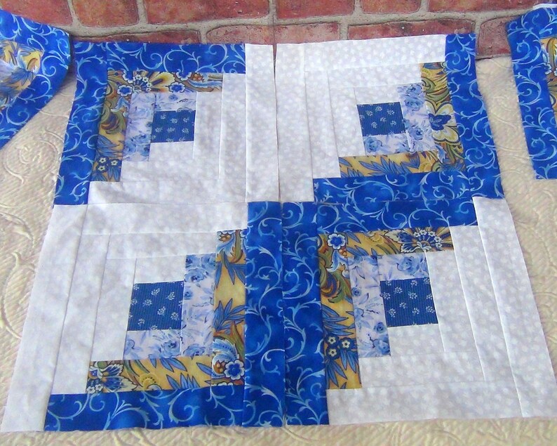 12 HUGE Already Pieced Handmade Log Cabin Quilt Top Blocks Blue Roses Gold Floral White Tulips Patchwork Flower Centers Finished Quilting image 1