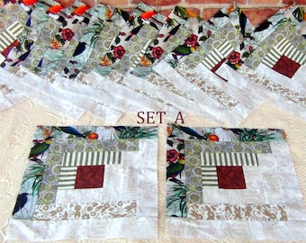 12 HUGE Big Already Pieced Large Handmade Log Cabin Quilt Top Blocks-[A SUNFLOWER Tropical Pineapple Fruit Raven Birds Unfinished Finished