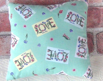 LOVE Stamps Throw Pillow - Bedroom Couch Dorm Room Camping Rustic Lodge Soft Stuffed Mothers Father Day - Valentine Gift - Handmade America