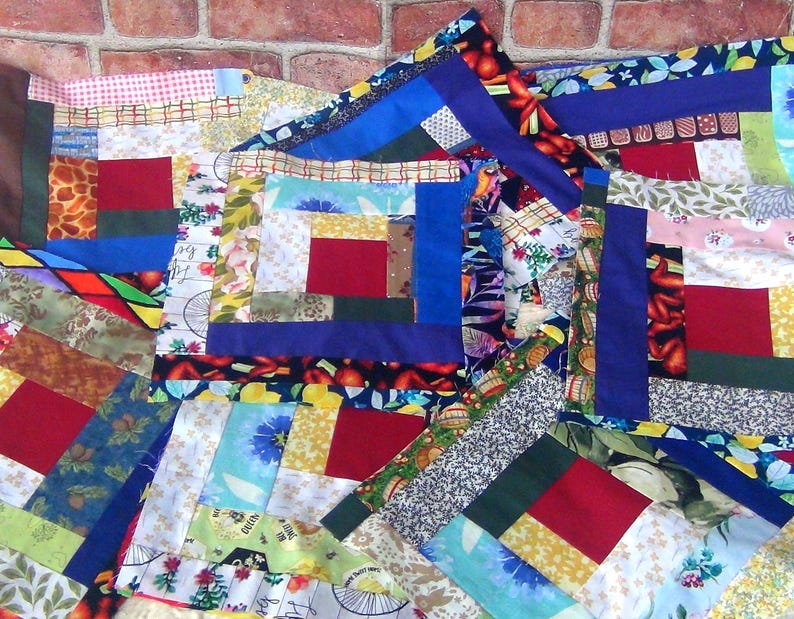 20 HUGE Already Pieced Handmade Log Cabin Quilt Top Blocks New WONKY Unique Scrappy Patchwork Red Centers Traditional Finished Quilting image 1