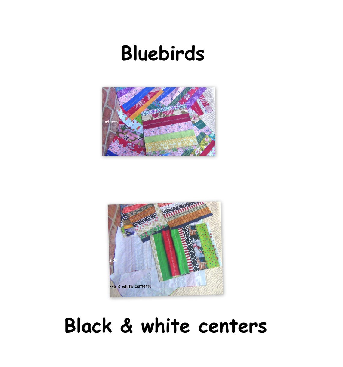 12 Embroidered LARGE Strip Pieced Scrap Crazy Country Quilt Blocks: Black White Centers OR Bluebirds Embroidery Finished Quilting Squares image 1
