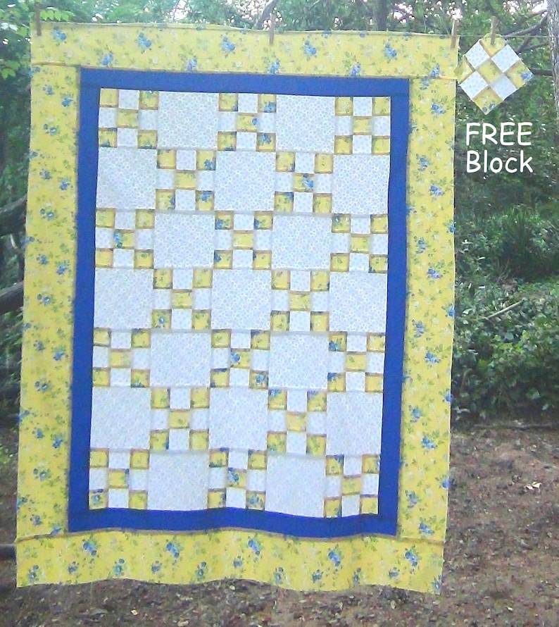 Already Made Quilt Top Blue Flower on Yellow White Tulip Unfinished Single Irish Chain Tradit Pieced Patchwork Quilting-Flowers Throw Lap image 1