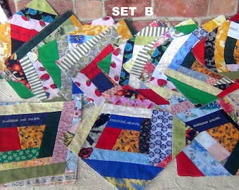 12 Already Pieced Crazy for BLUEBIRDS Primitive HEARTS- Handmade Embroidered LARGE Scrappy Country Quilt Blocks Squares Machine Embroidery