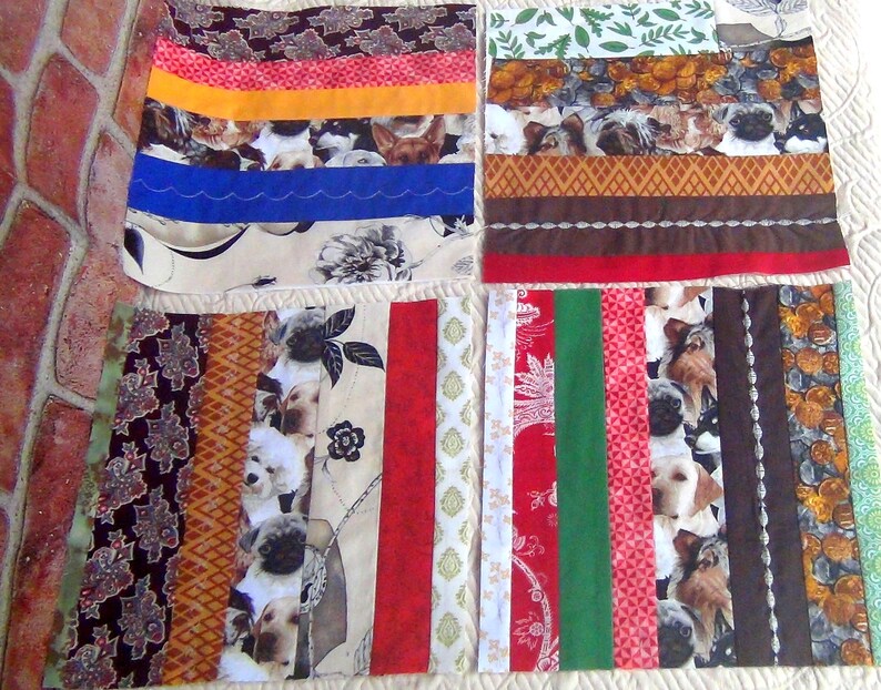 12 Embroidered LARGE Strip Pieced Scrap Crazy Country Quilt Blocks: Cats Kittens Center OR DOGS Pups Embroidery Finished Quilting Squares image 10