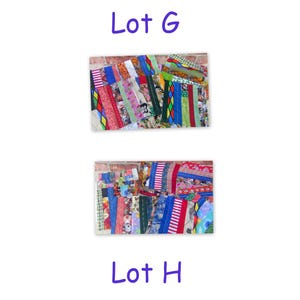 May include: Two lots of colorful fabric scraps, arranged in a patchwork pattern. The top lot is labeled "Lot G" and the bottom lot is labeled "Lot H".