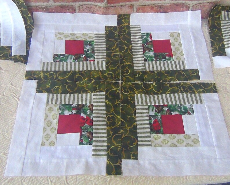 12 HUGE Already Pieced Handmade Log Cabin Quilt Top Blocks Gold Scrolls Pinecone Red Bird Cardinal Stars Snow Red Center Finished Quilting image 2