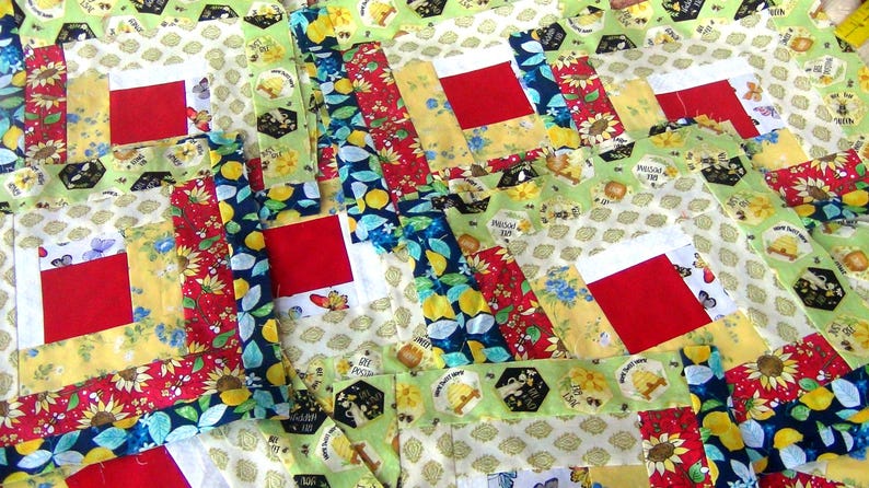 20 HUGE Already Pieced Log Cabin Quilt Top Blocks Sunflowers Honey Bees Lemons Patchwork Red Centers Traditional Finished Quilting Sewing image 1