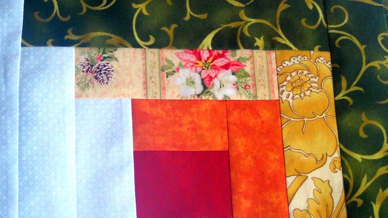 12 HUGE Already Pieced Handmade Log Cabin Quilt Top Blocks Xmas Pink Poinsettias Gold Floral Green Scroll Orange Tonal Snowflakes Finished image 6