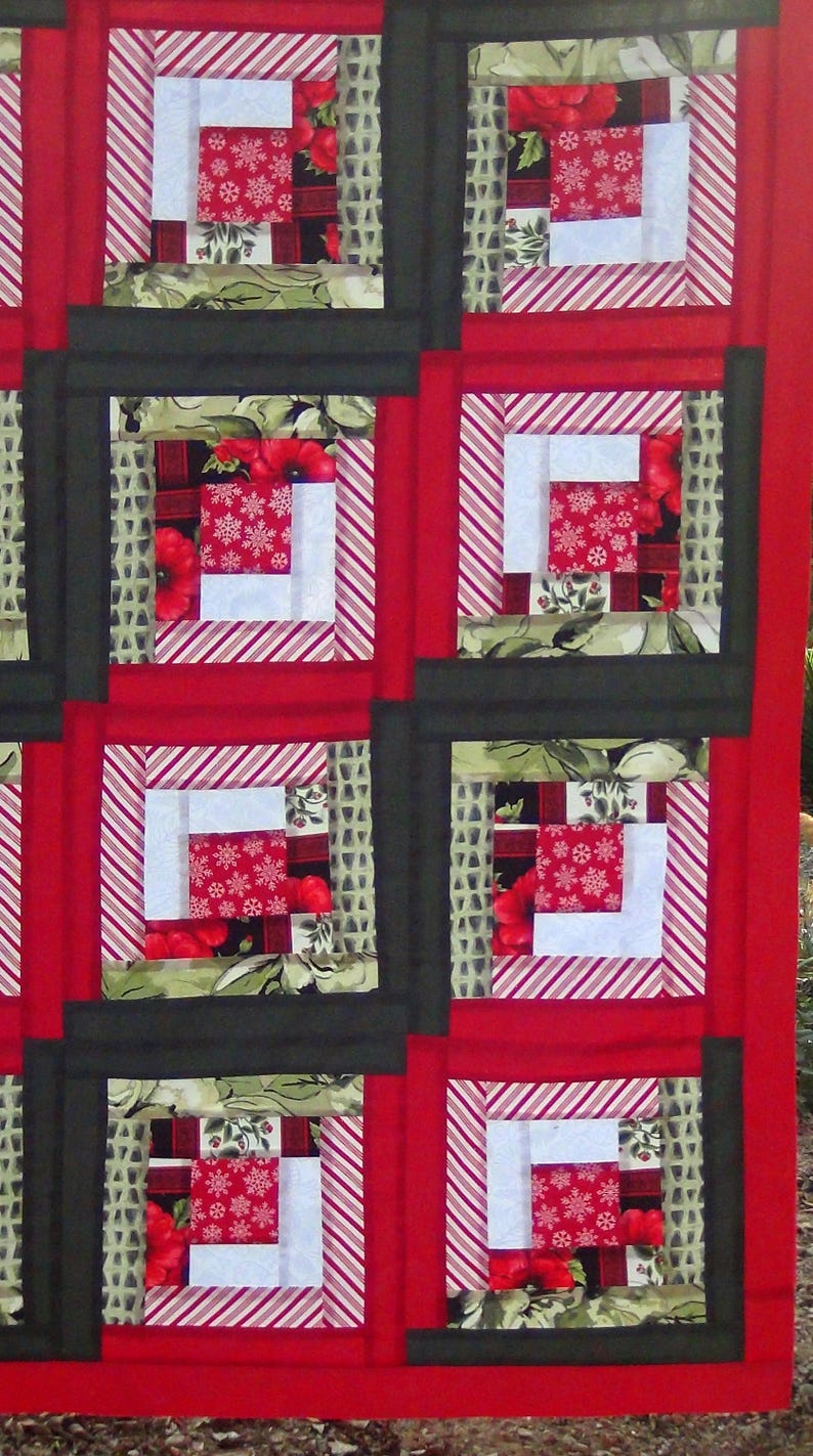 Unfinished Handmade Completed Already Pieced Made Log Cabin Quilt Top Red White Green Snowflake Candy Cane Animal Christmas Finished Throw image 3