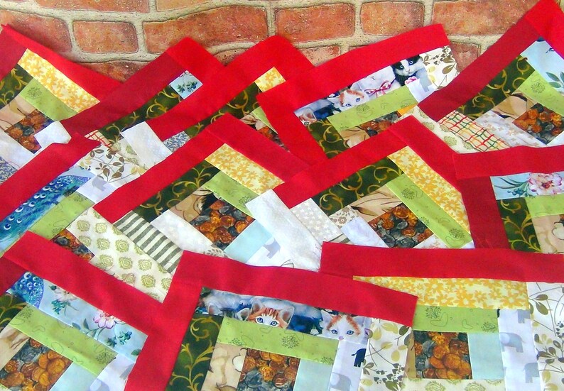 12 HUGE Already Pieced Handmade Log Cabin Quilt Top Blocks Country Scrappy Patchwork ANTIQUE Coins Centers Old Fashion Granny Sewing C image 1