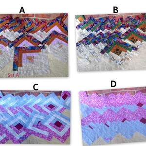 May include: Four sets of fabric quilt blocks labeled A, B, C, and D. Set A features orange and multi-colored patterns. Set B displays green and multi-colored designs. Set C shows light blue and purple squares. Set D contains pink and light blue patterns.