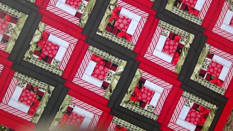 Unfinished Handmade Completed Already Pieced Made Log Cabin Quilt Top Red White Green Snowflake Candy Cane Animal Christmas Finished Throw image 2