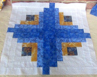 16 HUGE Big Already Pieced Handmade Log Cabin Quilt Top Blocks Large-Blue White GOLD Galaxy Stars Center- Completed Patchwork- Quilting NEW