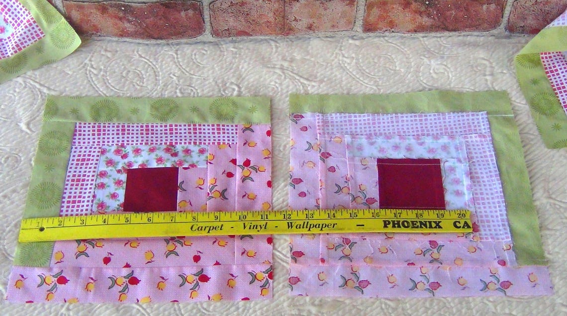 12 HUGE Already Pieced Handmade Log Cabin Quilt Top Blocks Pink Yellow Gold Tulips Cabbage Roses Traditional Red Center Finished Quilting image 7