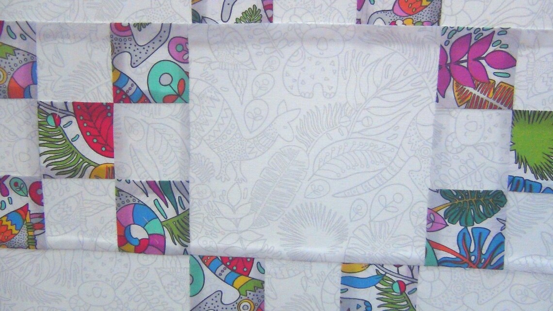 Already Pieced HandMade Unfinished Quilt Top Single Irish Chain-Patchwork Quilting Rooville Jungle Animal Bear Bird Flower Throw FREE Block image 5